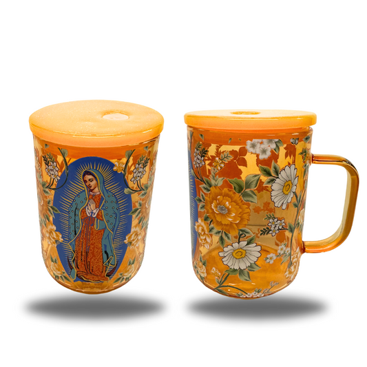 yellow orange Virgin Mary glass cup