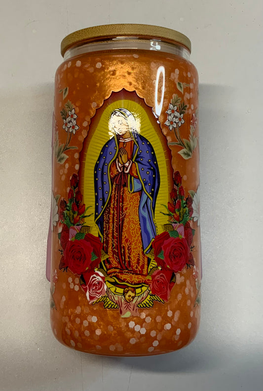 Orange virgin Mary snow globe tumbler